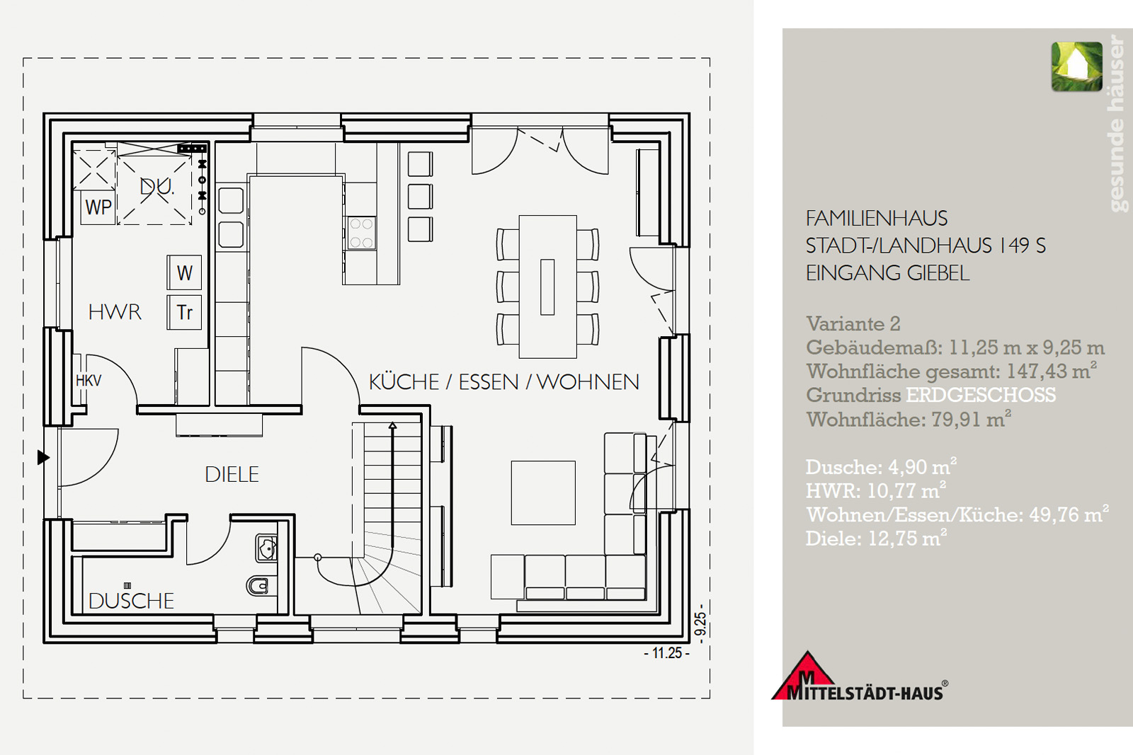 Grundriss-Beispiel Einfamilienhaus 149S - Mit offener Küche und Eingang im Giebel