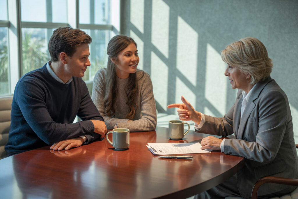 Beratungsgespräch zwischen Bauherren und Fachberaterin zu Bauantrag, Vertragsabschluss und Genehmigungen in der frühen Bauphase